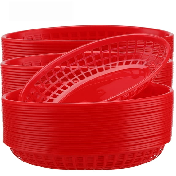 SEUNMUK 60 Pack 9 x 5.5 x 1.6 Inch Red Plastic Fast Food Baskets, Restaurant Food Serving Baskets for Deli Fast Food Service, Hot Dogs