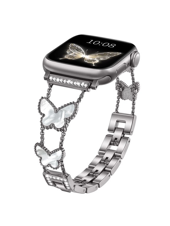 Compatible for Apple Watch Bands 38mm 40mm 41mm 42mm for Women,Luxury Sparkle Butterfly Metal Chain Strap for iWatch Series 11 10 9 8 7 6 5 4 3 2 1SE Silver