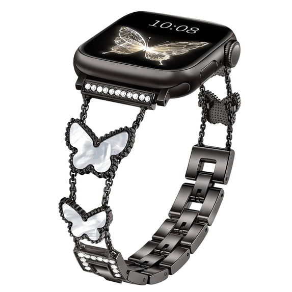 SEURE Compatible for Apple Watch Bands 42mm 44mm 45mm 46mm for Women,Luxury Sparkle Butterfly Metal Chain Strap for iWatch Series 11 10 9 8 7 6 5 4 3 2 1SE Black