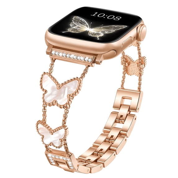 SEURE Compatible for Apple Watch Bands 42mm 44mm 45mm 46mm for Women,Luxury Sparkle Butterfly Metal Chain Strap for iWatch Series 11 10 9 8 7 6 5 4 3 2 1SE Rose Gold