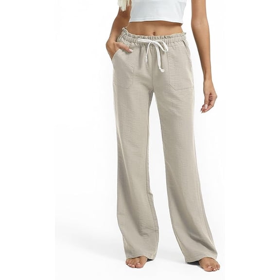 SEVEGO Tall Women Casual Linen Pants 30"/32"/34"/36" Inseam Drawstring Smocked Waist Beach Summer Trousers with Pockets