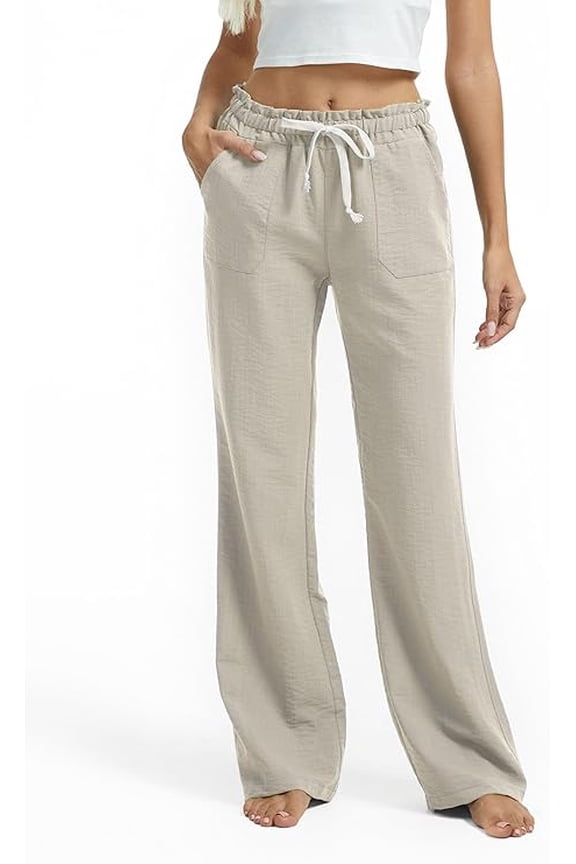 Tall Women Casual Linen Pants 30"/32"/34"/36" Inseam Drawstring Smocked Waist Beach Summer Trousers with Pockets