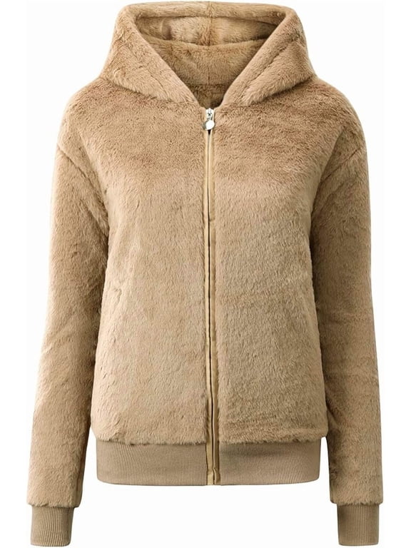 Women's Faux Fur Coat Fuzzy Bomber Jacket with Pockets Hooded Zip Up Shaggy Outwear for Winter, Light Tan, M