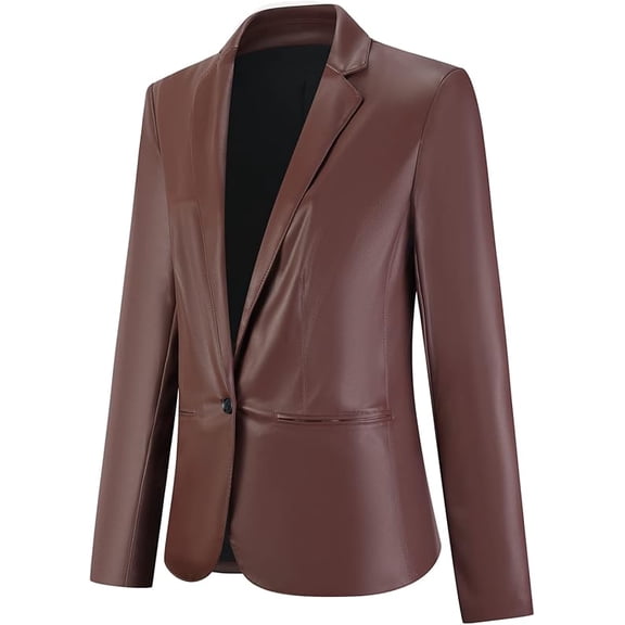 SEVEGO Women's Faux Leather Blazer Jacket Suit Long Sleeve Button Closure Business Work Coat