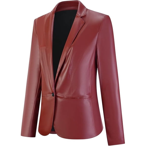 SEVEGO Women's Faux Leather Blazer Jacket Suit Long Sleeve Button Closure Business Work Coat