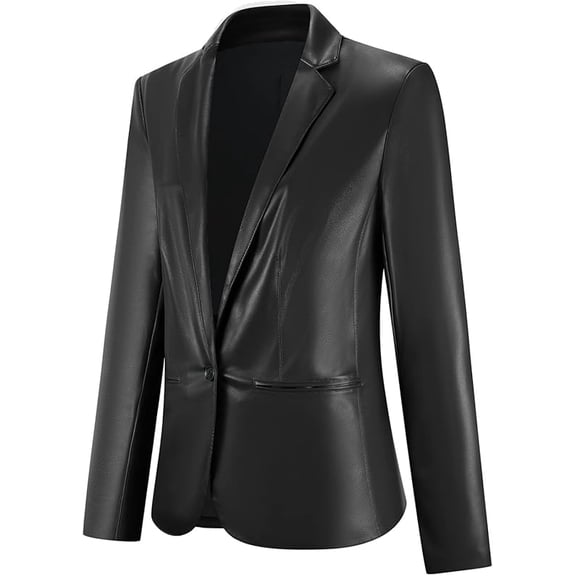 SEVEGO Women's Faux Leather Blazer Jacket Suit Long Sleeve Button Closure Business Work Coat