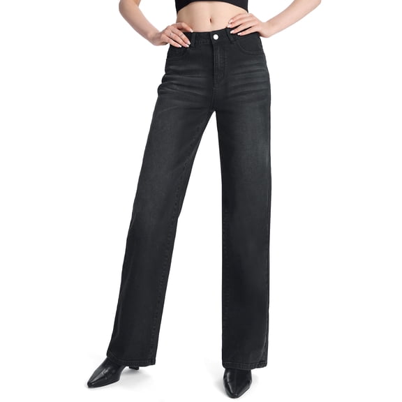 SEVEGO Women's Tall Straight Leg Jeans, Long-Length Relaxed Stretch Denim, 34" Inseam, Black, L