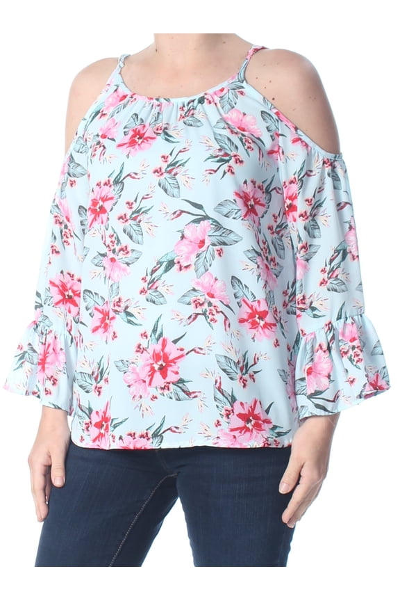 Womens Light Blue Cold Shoulder Printed Bell Sleeve Jewel Neck Top S