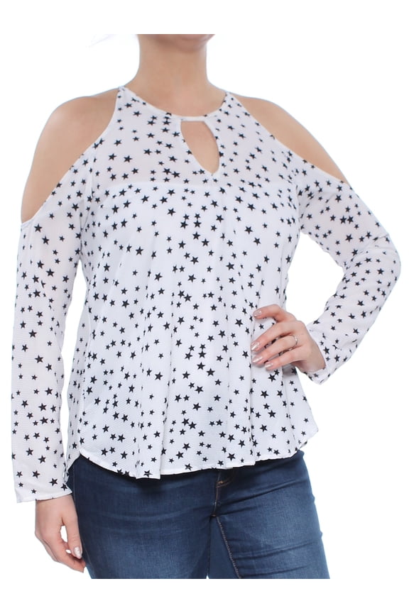 Womens New 1250 White Printed Cold Shoulder Top L B+B