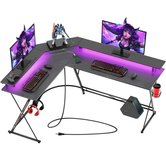 SEVEN WARRIOR Gaming Desk 58”with LED Strip&Power Outlets,LShaped