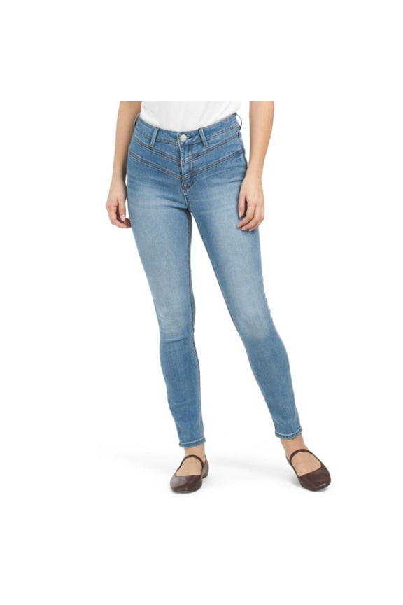 Women's High Rise Chevron Details Denim Skinny Ankle Jeans-Blue / 8