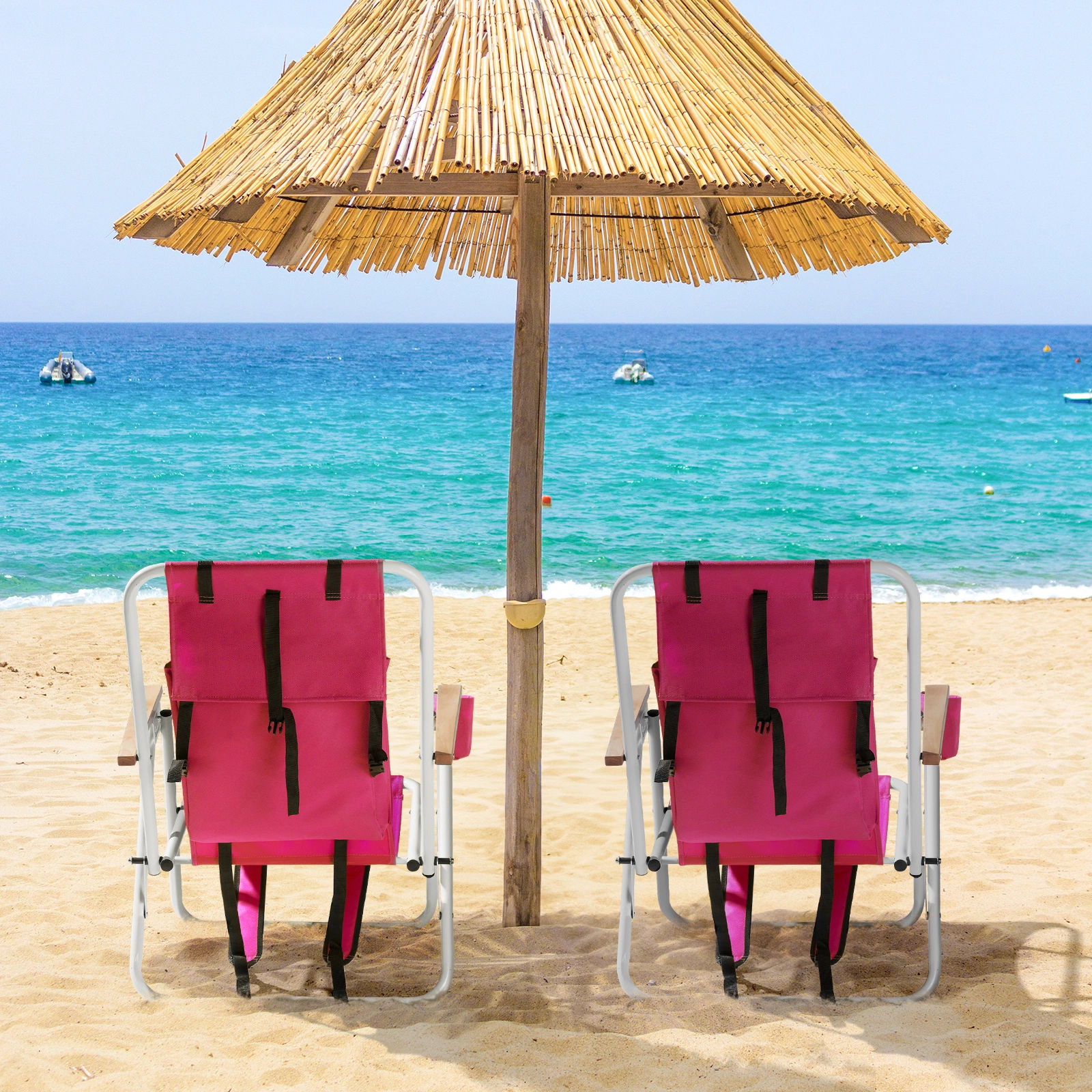SEVENINE Folding Pink Relax Beach Chair Set of 2 for Adults, 4 Position Portable Backpack