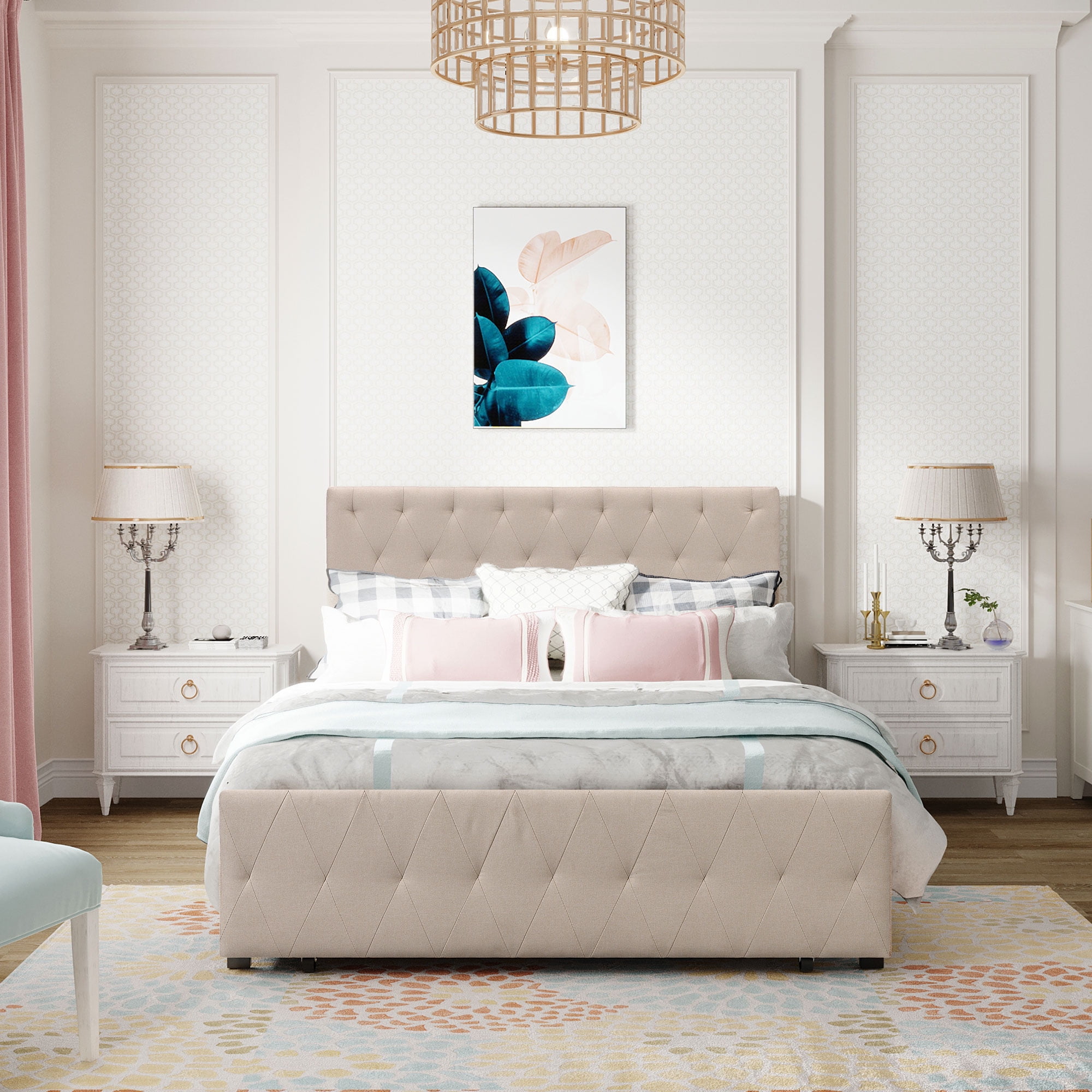 SEVENTH Full Size Modern Linen Platform Bed with Storage Drawer, Beige