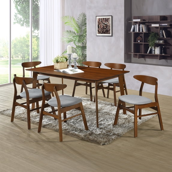 SEVILLE 7PC Mid Century Modern Wood Dining Room Set, Walnut/Gray