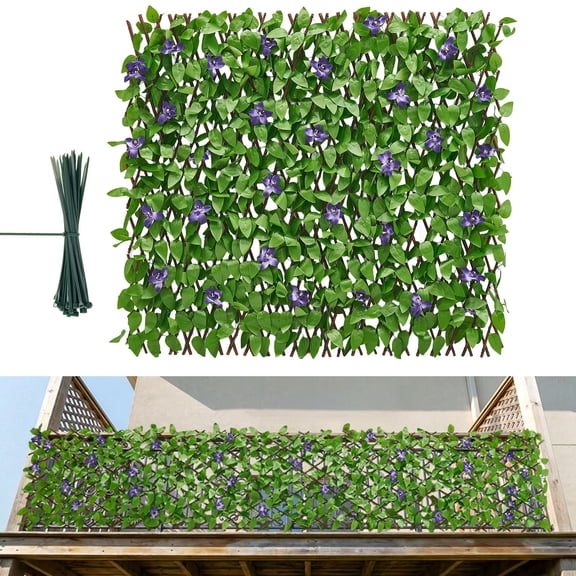 SEVORLEY Expandable Fence Privacy Screen 25.5 x 122 in Artificial Plant Wall Trellis with 340 Leaves 32 Flowers Willow Wood Slats