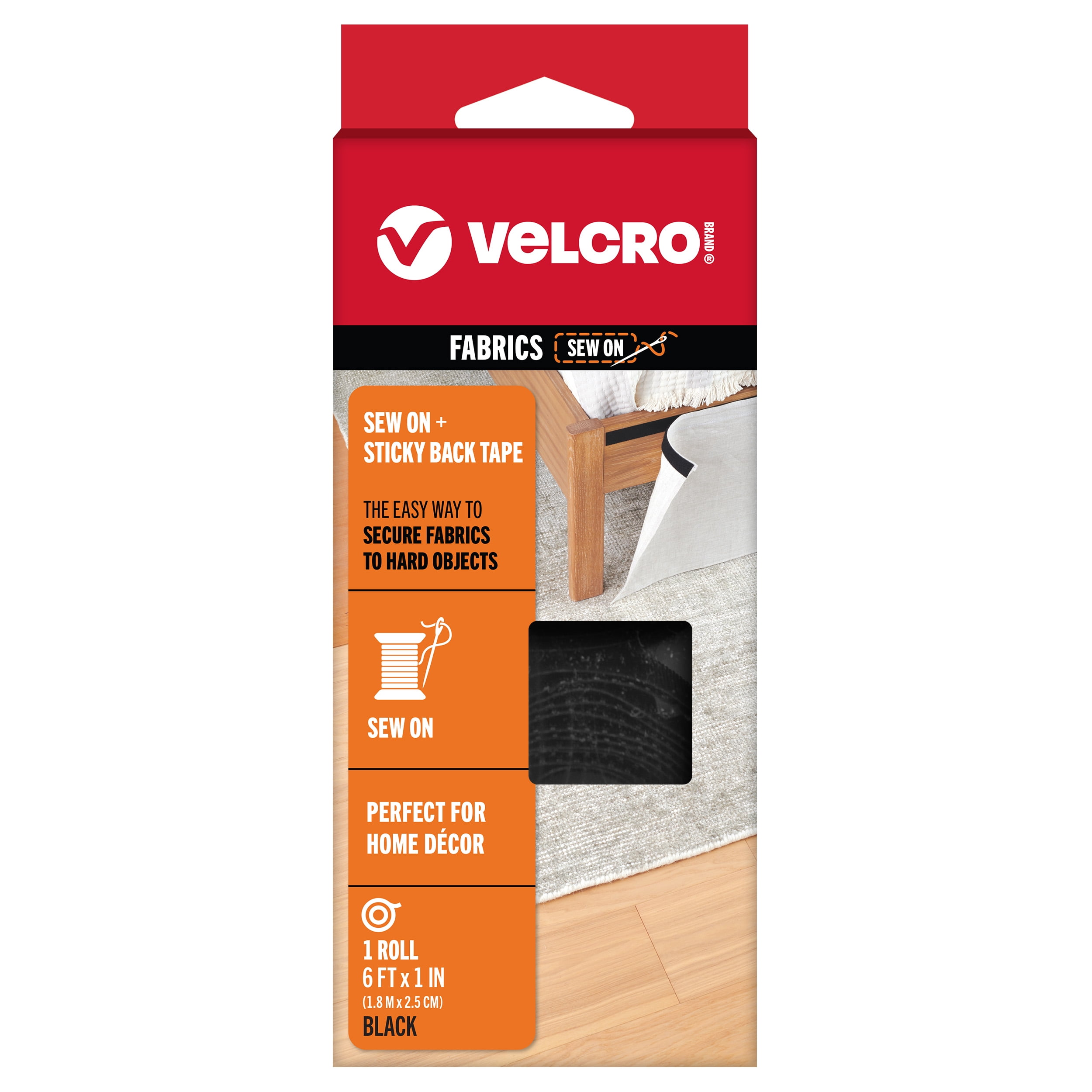 VELCRO Brand Sew On + Sticky Back - Home Décor - Combination of Sew On Loop and Adhesive Backed Hook Tapes, 6' x 1", Black
