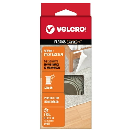 VELCRO Brand Sew on + Sticky Back - Home Décor - Sew on Loop and Sticky Back | Ideal for Attaching Fabrics to Hard Surfaces | 6' x 1" Tape | White