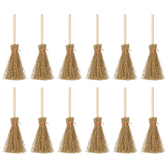 SEWACC 12Pcs Mini Besom Broom for Party Home Decoration Wooden Plastic Straw 9.5x4x2in