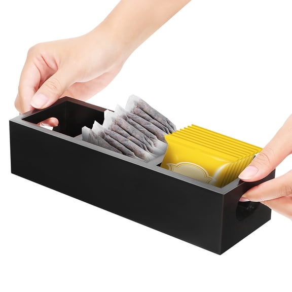 SEWACC Wooden Tea Box Organizer with Multiple Compartments, Black Tea Bag Storage Container for Kitchen Countertops