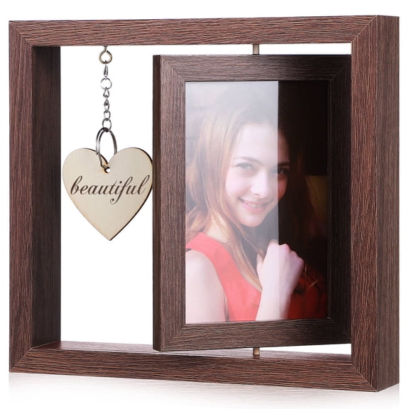 SEWACC Dual Sided Rotating Wooden Photo Frame in Coffee Color with Rustic Charm and Easy Photo Swap