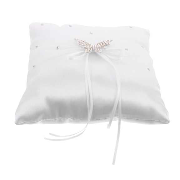 SEWACC White Satin Ring Pillow with Rhinestone Bow and Lace for Wedding Keepsake