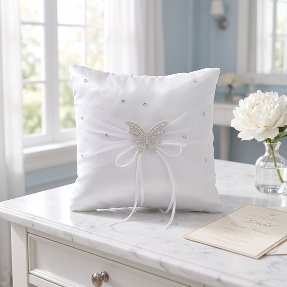 SEWACC White Satin Wedding Pillow with Rhinestone Bow and Elegant Lace for Bridal Keepsake Ceremony