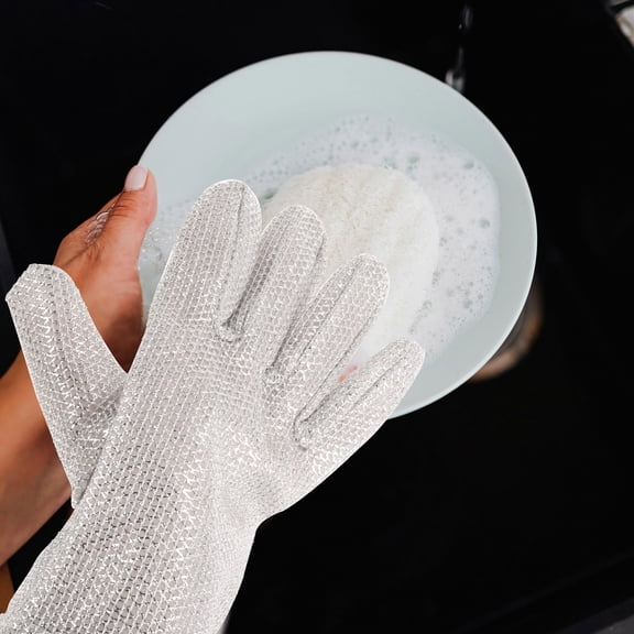 SEWCHICS 1 Pair Aluminum Foil Cloth Pvc Scrub Gloves for Dishwashing and Household Cleaning