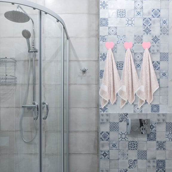 SEWCHICS 12Pcs Pink Metal Hooks Iron Adhesive Wall Mounted Heart Shaped Hangers for Home Use