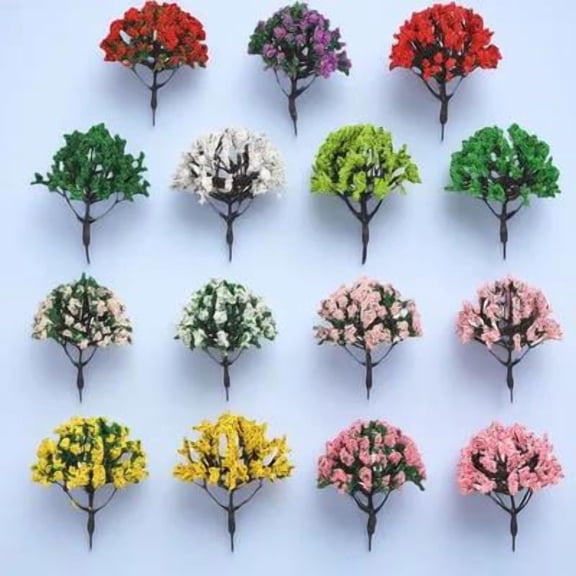 SEWCHICS 15-Piece Assorted Color Small Plastic Trees for Green Scenery Landscape Model Decoration Set