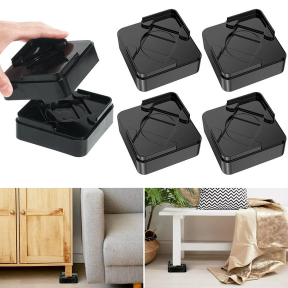 SEWCHICS 16Pcs Furniture Risers Nonslip Bed Risers Adjustable Height Black ABS for Home Storage 3.9In