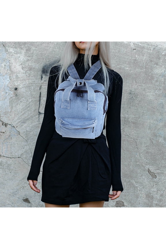 Student Denim Backpack Blue Made of Durable Material with Details