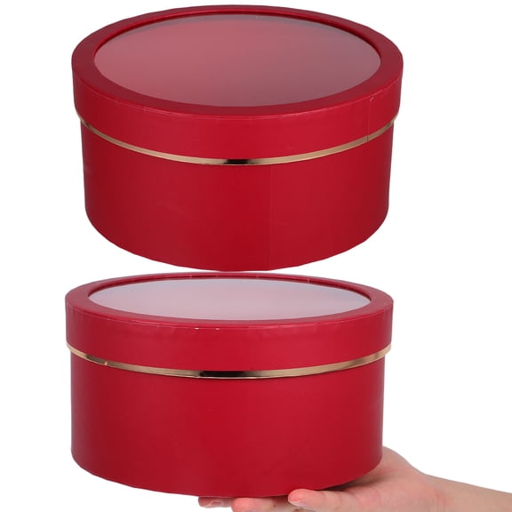 SEWCHICS 2Pcs Red Round Flower Boxes with PVC Window Floral Packaging for Valentine Storage