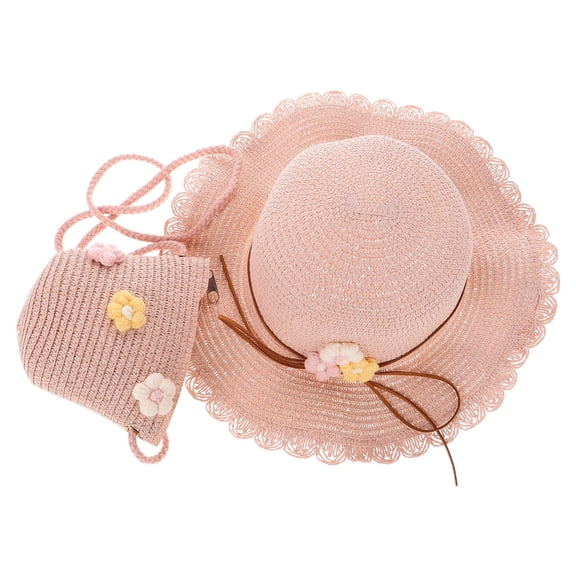 SEWCHICS 2Pcs Pink Wide Brim Straw Hat and Bag Set with Foldable Convenient Storage