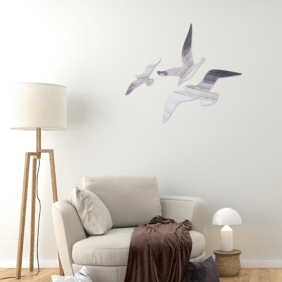 SEWCHICS 3-Piece Hand-Carved Wood Seagull Wall Art Set for Coastal Mediterranean Home Decor and Beach Style Wall Hanging