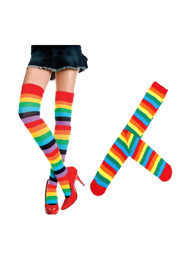 4pcs Printing Long Stockings Colorful Socks Colorful Clown Tube Socks Rainbow Stripes Cosplay Dress Up Props for Women Girls(1 Pair Stripes Pair Stockings)