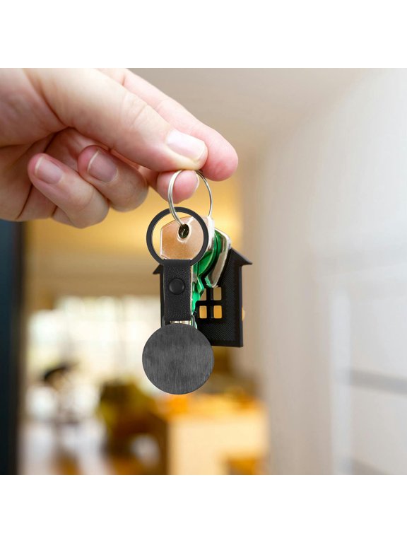 6Pcs Black Stainless Steel Key Ring Blanks with PU Strap Ideal for Custom Laser Engraving and Commuting