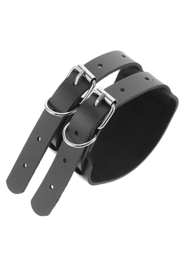 Black Pu Cuff Bangle Bracelet With Dual Buckle Design For Performances