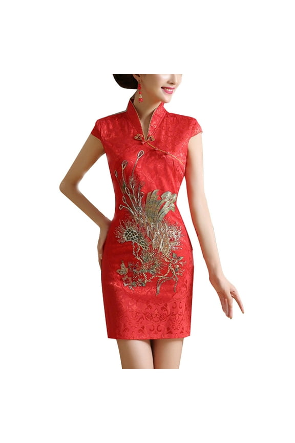 Chinese Wedding Cheongsam Red Dress High Waistline Classic Pattern Formal Occasion