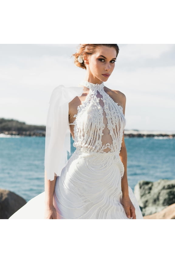 Elegant White Bridal Shawl with Decorative Bow, Lightweight Polyester Shoulder Wrap for Weddings, Formal Events, and Special Occasions