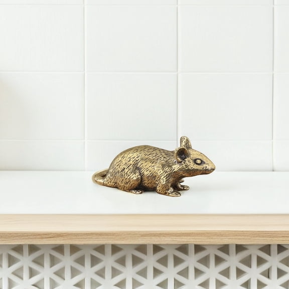 SEWCHICS Golden Brass Mouse Figurine Symbol of Prosperity Vintage Decorative Sculpture for Home Office 3.5 inch