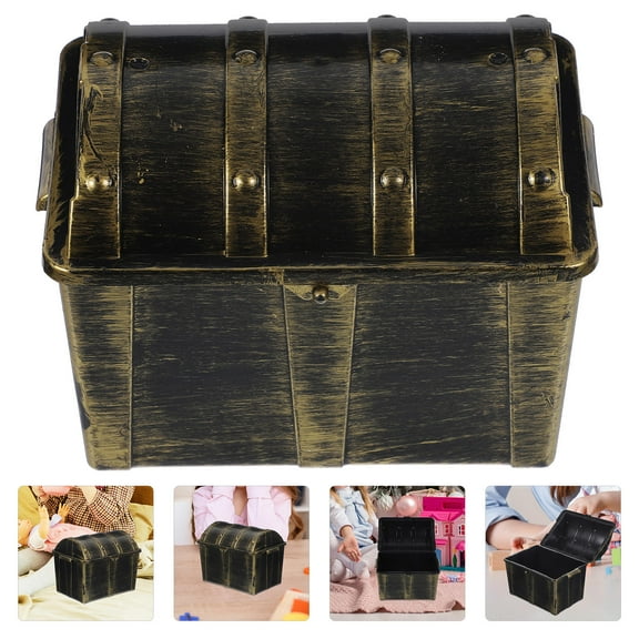 SEWCHICS Small Vintage Golden Plastic Treasure Chest Organizer Storage Box Game Prop 4.5x4.5x3.5 Inches