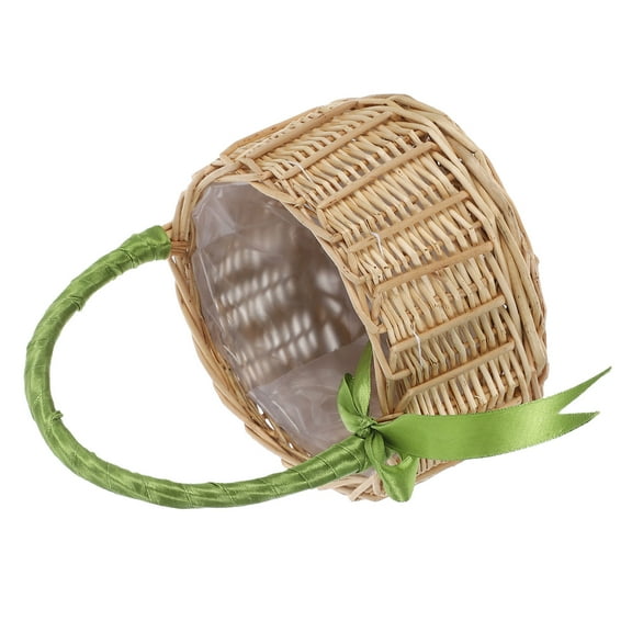 SEWCHICS Handmade Green Wicker Flower Girl Basket with Ribbon Handle for Weddings and Home Decoration 9.5 x 6.5 x 4.5