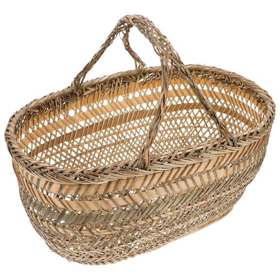 SEWCHICS Beige Handcrafted Bamboo Storage Basket with Handle for Kitchen and Picnic Use