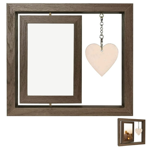 SEWCHICS Light Brown Wood Rotating Photo Frame with Heart Pendant for Creative Home Decor and Tabletop Display 4.5x6.5