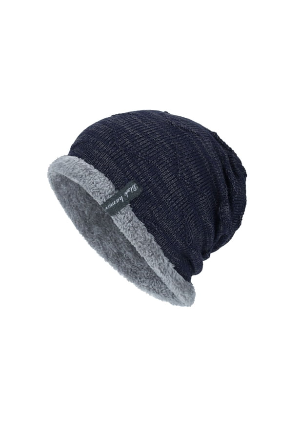 Men's Winter Knit Beanie Hat Navy Thick Plush Brim Outdoor Warm Knitted Cap