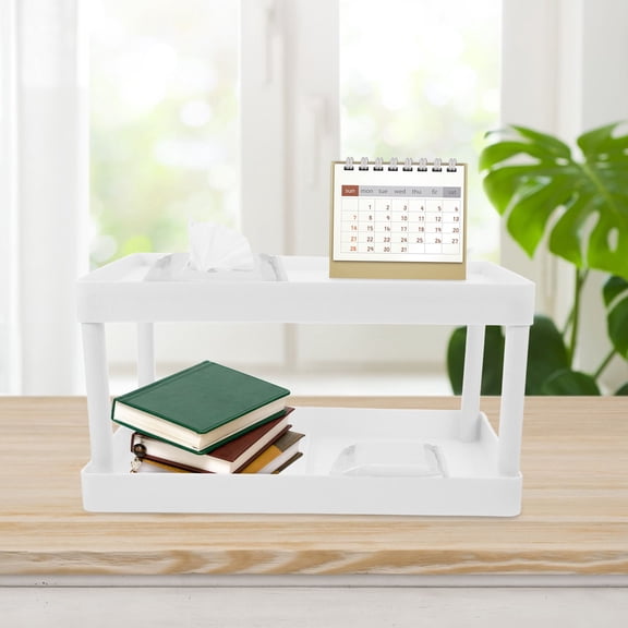 SEWCHICS Minimalist White Desk Shelf Double Layer Organizer for Makeup Skincare and Office Supplies