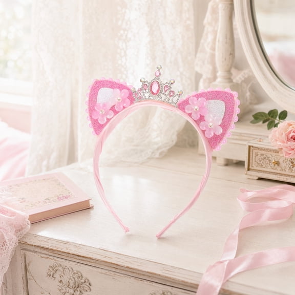 SEWCHICS Elegant Pink Rhinestone Cat Ear Headband with Crown Design for Costume and Birthday Events