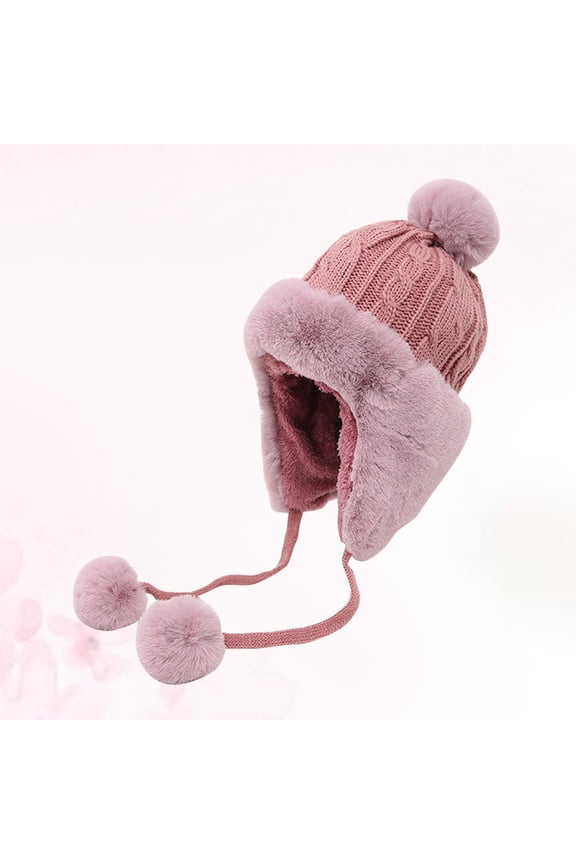 Pom Pom Hat with String Knitted Plush Earflap Winter Warm Woolen Yarn Cap Multi