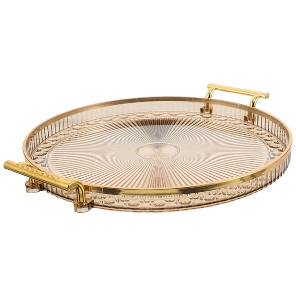 SEWCHICS Elegant Golden Plastic Round Tray for Serving Tea Coffee Desserts with Handles
