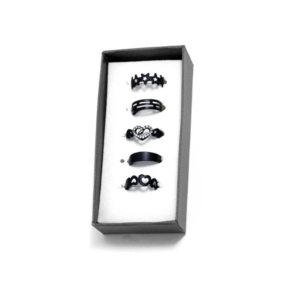 SEWCHICS Stylish Black Alloy Adjustable Women's Finger Set, 5pcs Open Knuckle for Everyday Wear and Special Occasions
